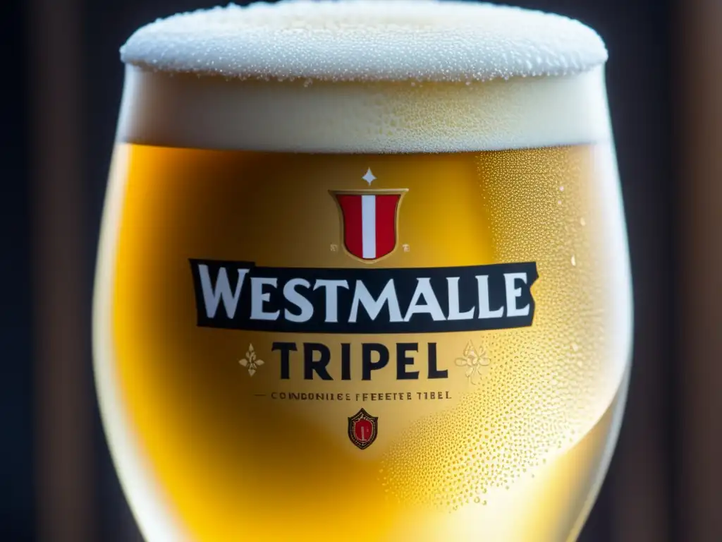 Cerveza Westmalle Tripel, dorada y burbujeante, con espuma y carbonatación perfectas