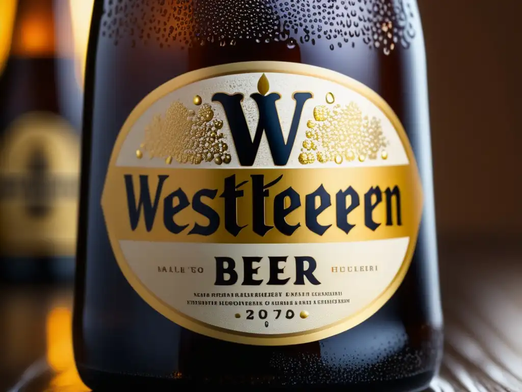 Botella de cerveza Westvleteren Trappist con diseño de etiqueta intrincado y gotas de condensación en el vidrio