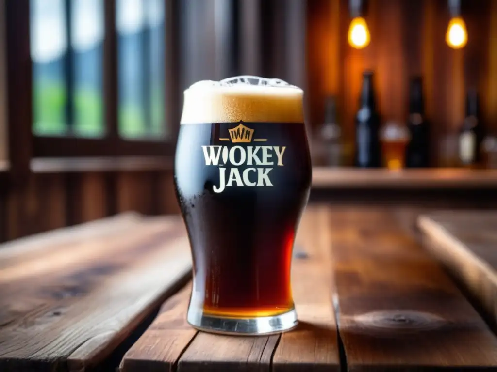 Vaso de Wookey Jack Black IPA en mesa de madera, con color oscuro y condensación brillante