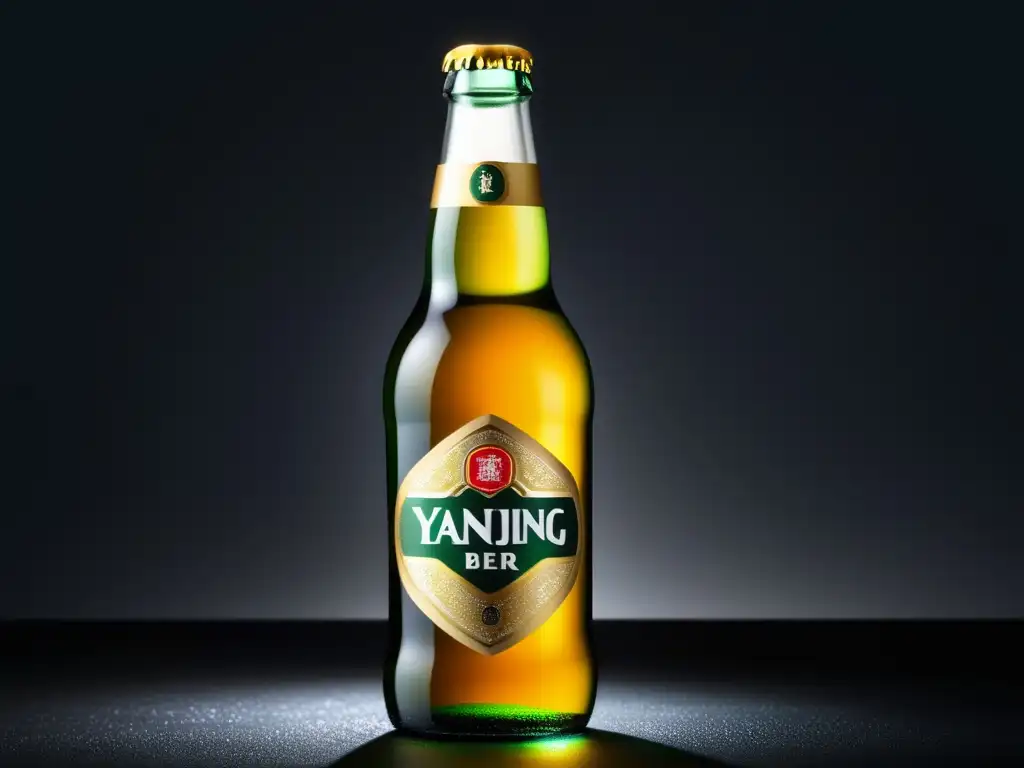Botella Yanjing Beer: Elegante y refrescante Botella de cerveza Yanjing cristalina y elegante, con condensación en su superficie y etiqueta dorada