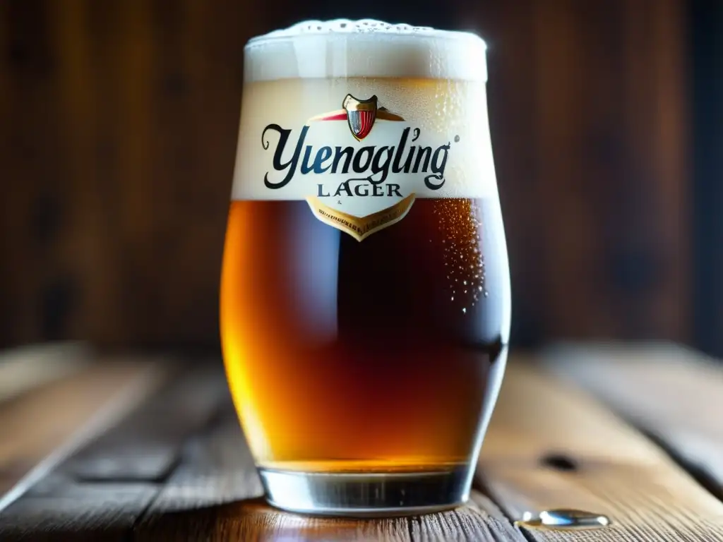 Cerveza Yuengling Amber Lager recién servida con espuma en una mesa de madera