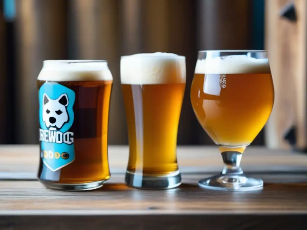 Colaboraciones internacionales: cervezas BrewDog y Mikkeller juntas en una mesa rústica, con detalles y logos grabados en las copas