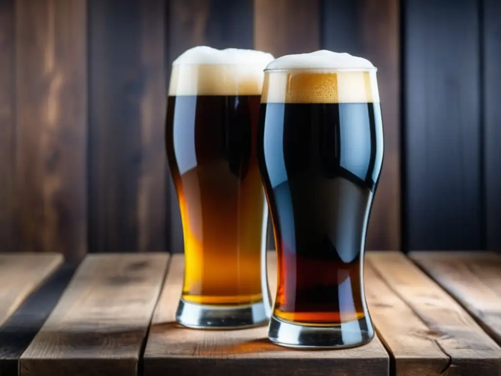 Degustación comparativa de cervezas IPA y Stout en vasos de cristal, con colores vibrantes y detalles elegantes