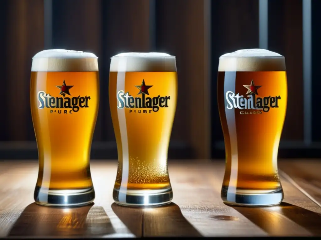 Cervezas Steinlager: Detallada imagen de copa con Steinlager Pure, Classic y Tokyo Dry, sobre mesa de madera elegante