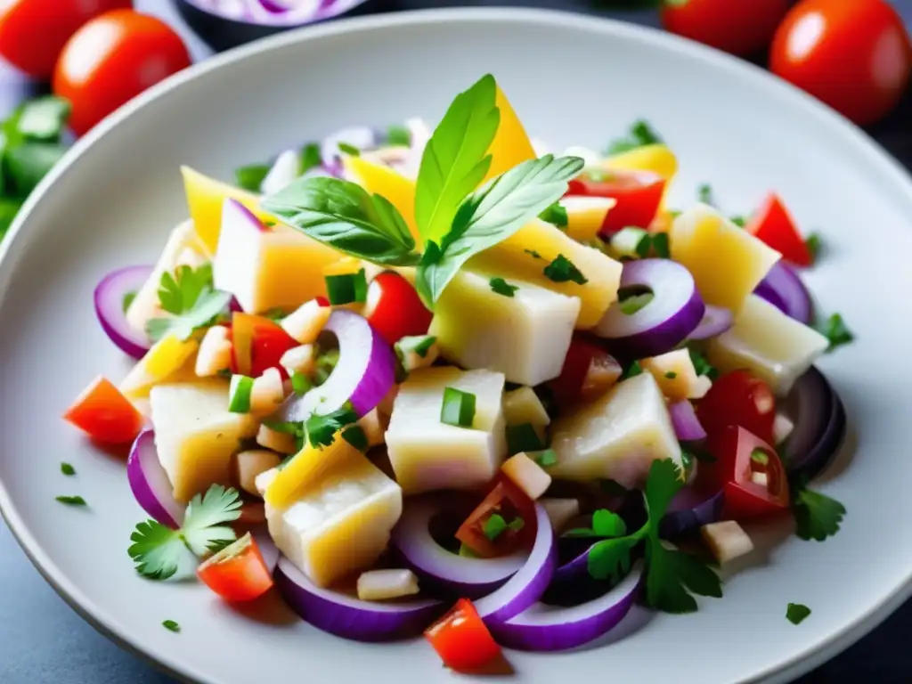 Delicioso ceviche de pescado blanco con ají limo, cebolla morada, tomate y cilantro - Gueuze