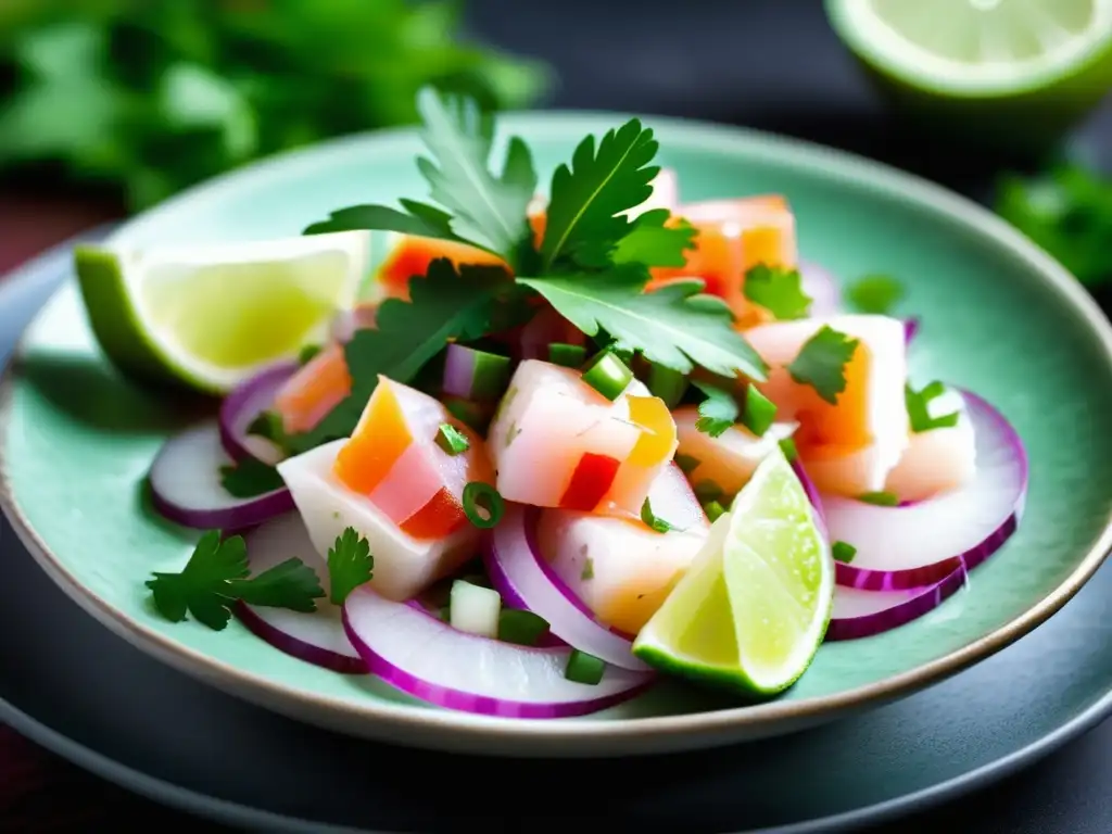 Ceviche de pescado fresco con cilantro y cebolla roja, acompañado de Gueuze dorada y espumosa