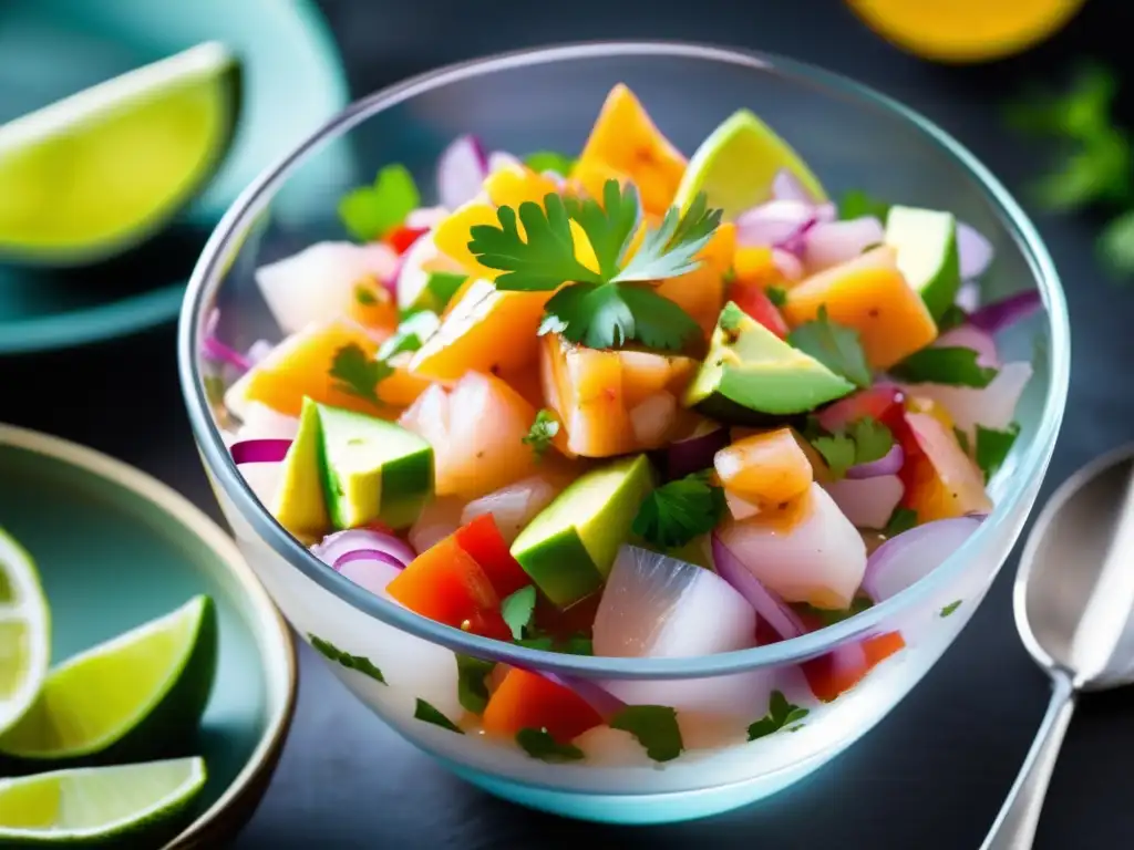 Exquisito ceviche de pescado en cuenco de cristal, con pescado fresco, cebolla roja, cilantro, tomate, aguacate y Gueuze