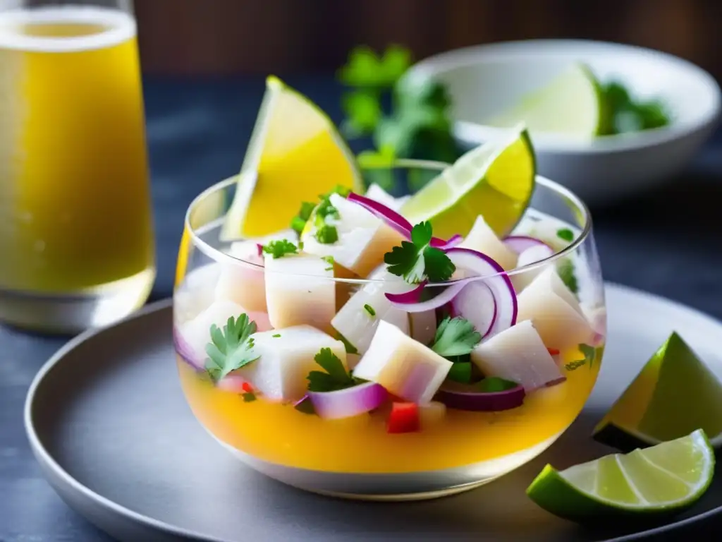 Exquisito ceviche de pescado blanco marinado en cítricos, con cebolla roja, cilantro y limón