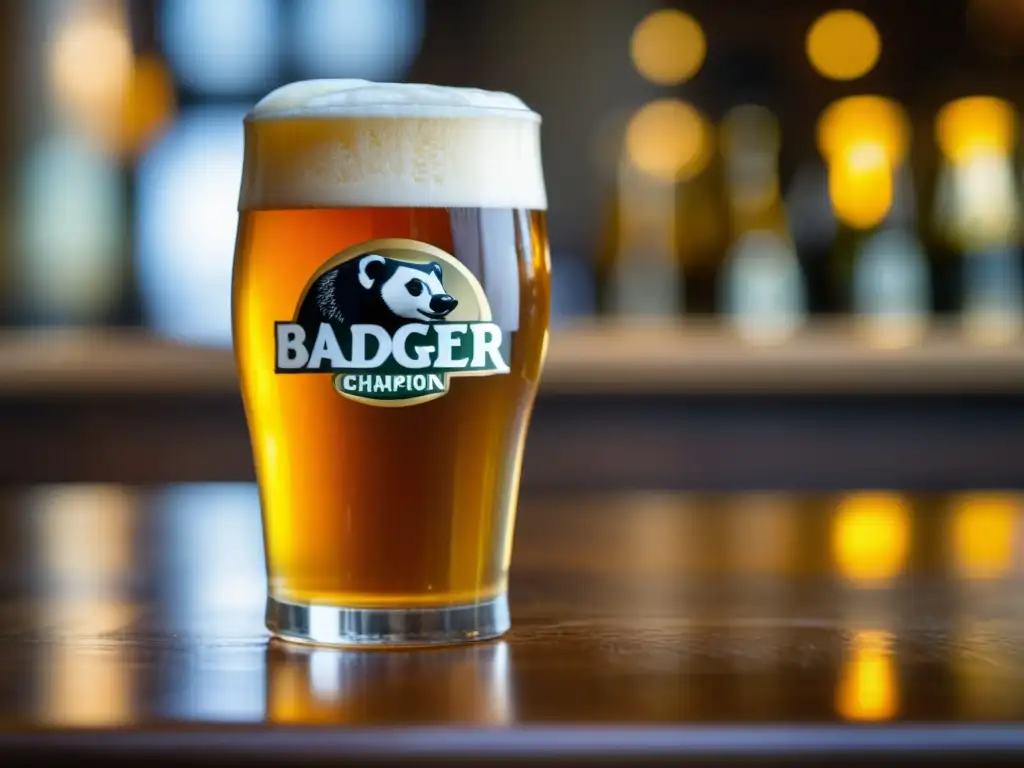 Pinta de Badger Golden Champion, cerveza dorada con espuma cremosa y detalles elegantes