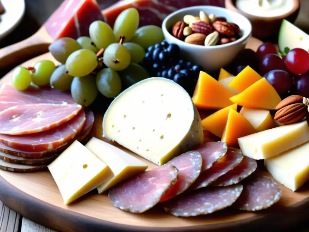 Maridajes de carnes curadas, quesos artesanales y frutas coloridas en tabla rústica