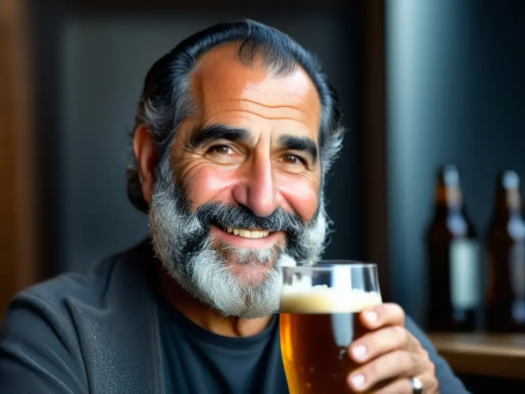 Charlie Papazian disfrutando de cerveza casera, enfoque en detalles y pasión (110 caracteres)