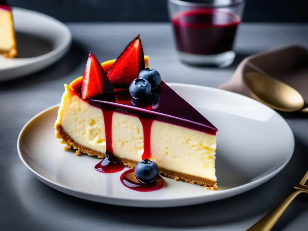 Cheesecake decadente con textura suave y glaseado de frutas rojas