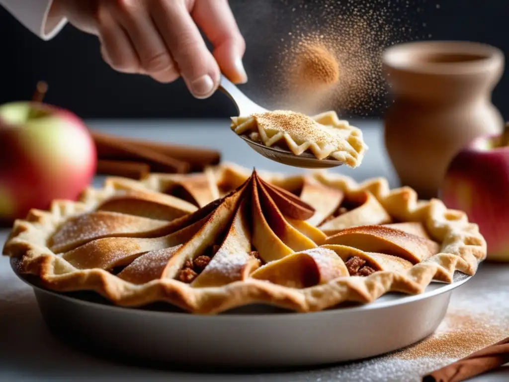 Chef espolvoreando canela en un pastel de manzana recién horneado - Técnicas de Adjunción