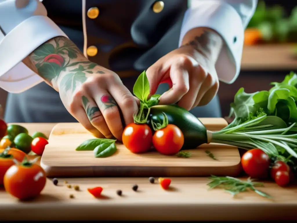 Manos de chef cortando ingredientes frescos en tabla de madera - Arte Culinario