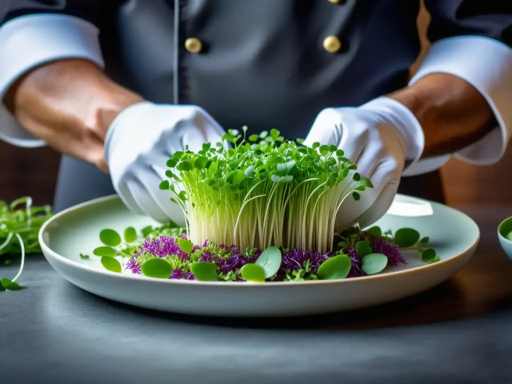 Manos de chef con guantes blancos colocando microgreens en un plato, resaltando la cocina contemporánea