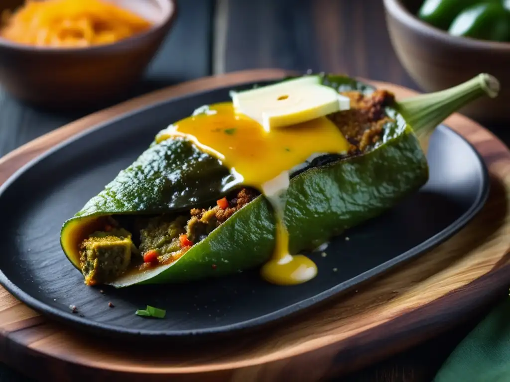 Un delicioso chile relleno perfectamente cocinado en plato de madera rustico