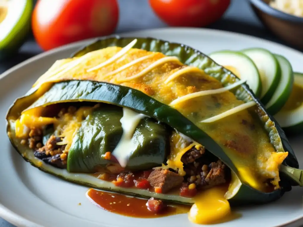 Un delicioso chile relleno dorado con queso, carne y vegetales, acompañado de una cerveza Dunkel oscuro y brillante