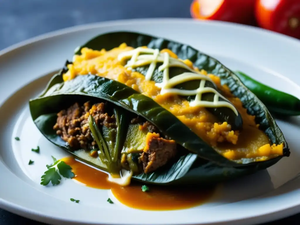 Un delicioso Chiles Rellenos con relleno abundante y colores vibrantes en un fondo oscuro - Dunkel