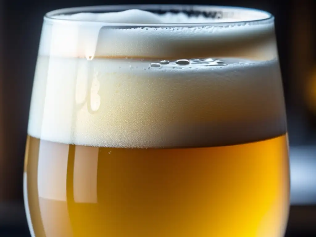 Lanzamientos de cervezas: Copa llena de IPA dorada con espuma blanca cremosa y burbujas, condensación refrescante, aromas tropicales