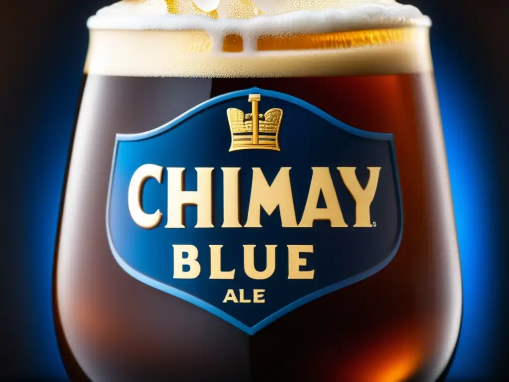 Cerveza belga Chimay Blue recién servida, con color oscuro y espuma cremosa