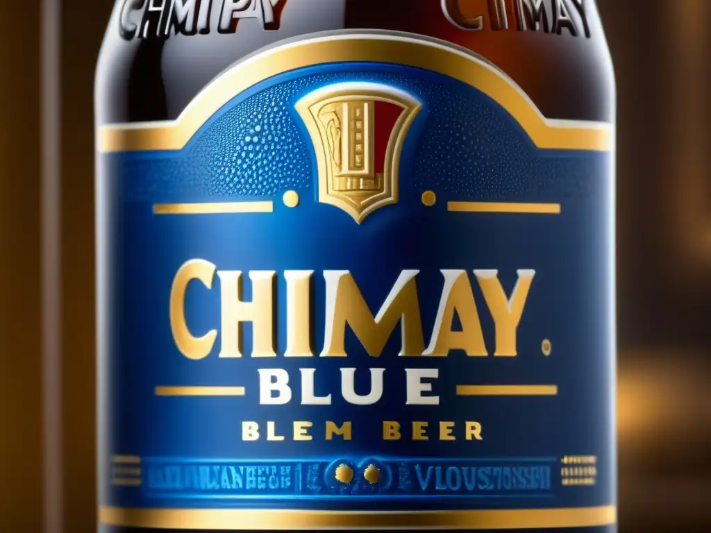 Botella de cerveza Chimay Blue Cap en primer plano, elegante y misteriosa