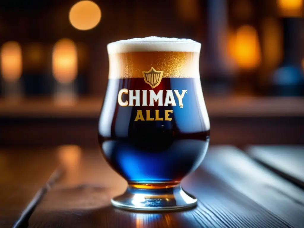 Chimay Blue Belgian Ale en vaso de vidrio sobre mesa de madera, resaltando su color ámbar y detalles elegantes