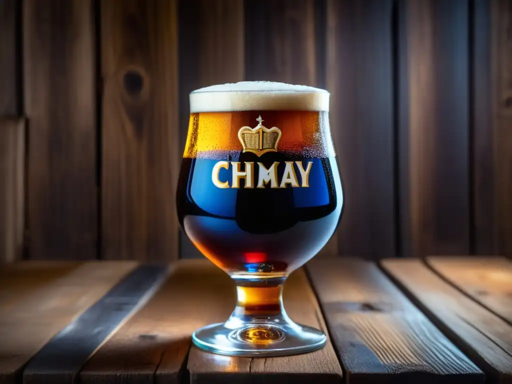 Cerveza Chimay Azul belga en vaso con detalles y notas de color ámbar, cremosa espuma y toques de cebada y lúpulo