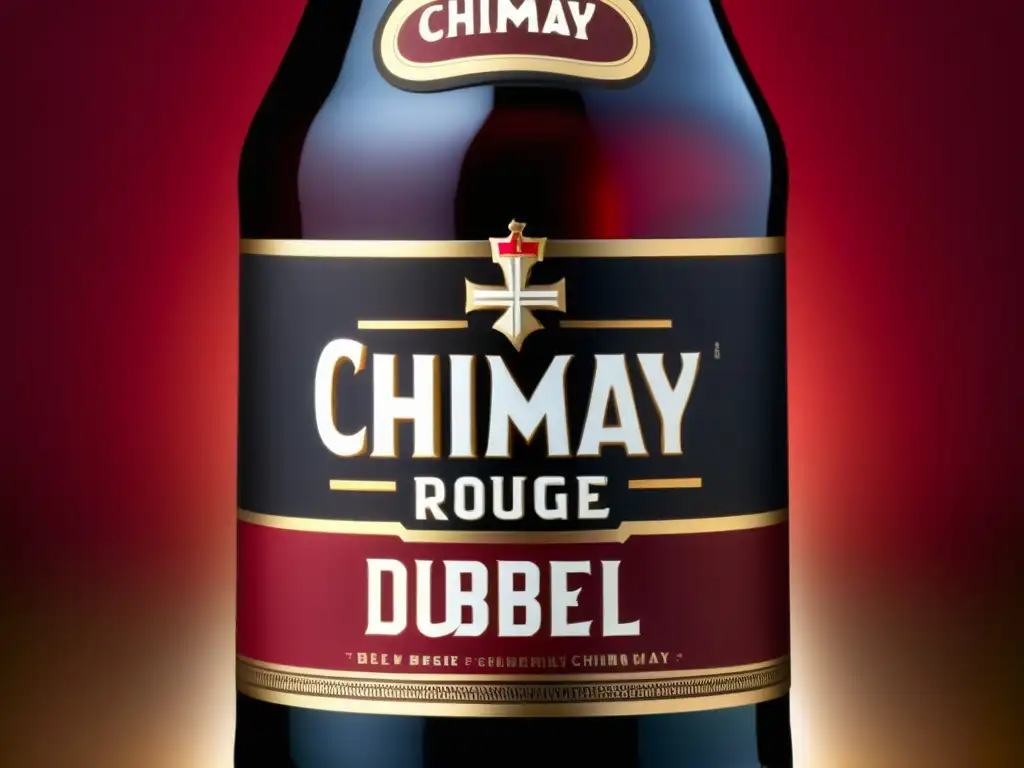 Botella de cerveza Chimay Rouge Abbey Dubbel, destacando detalles de la etiqueta y el logo icónico