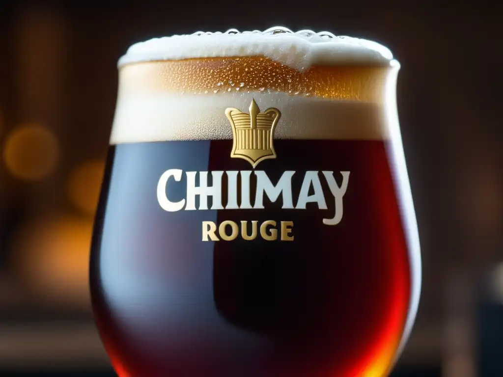 Cerveza Chimay Rouge Abbey Dubbel: detalle en vidrio, color ámbar, burbujas y mesa rústica