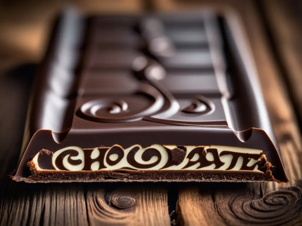 Deliciosa barra de chocolate oscuro con diseño intricado y textura brillante