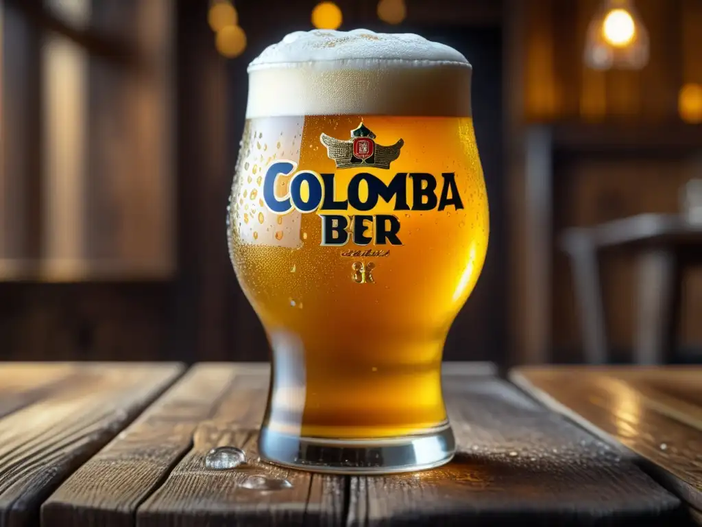 Una imagen detallada de una cerveza Club Colombia dorada y espumosa en un vaso adornado con gotas de condensación, reflejando su frescura y elegancia