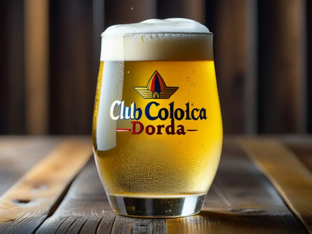 Imagen detallada de una cerveza Club Colombia Dorada, refrescante lager dorada con burbujas y espuma suave