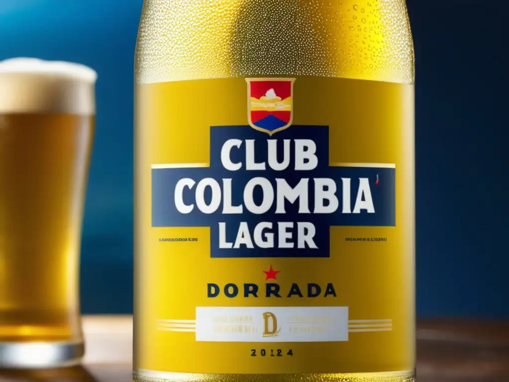 Cerveza Club Colombia Dorada Lager con burbujas y un elegante logo