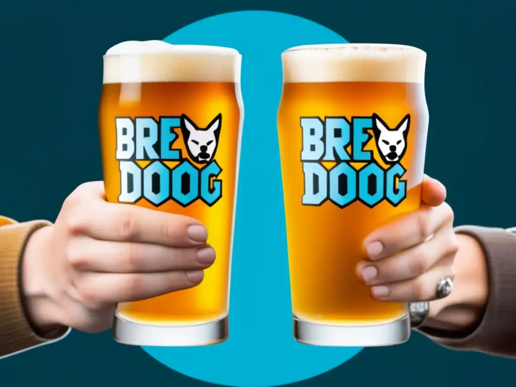 Colaboraciones internacionales: Detalle de las manos sosteniendo cervezas de BrewDog y Mikkeller, resaltando logos, diseño y color dorado