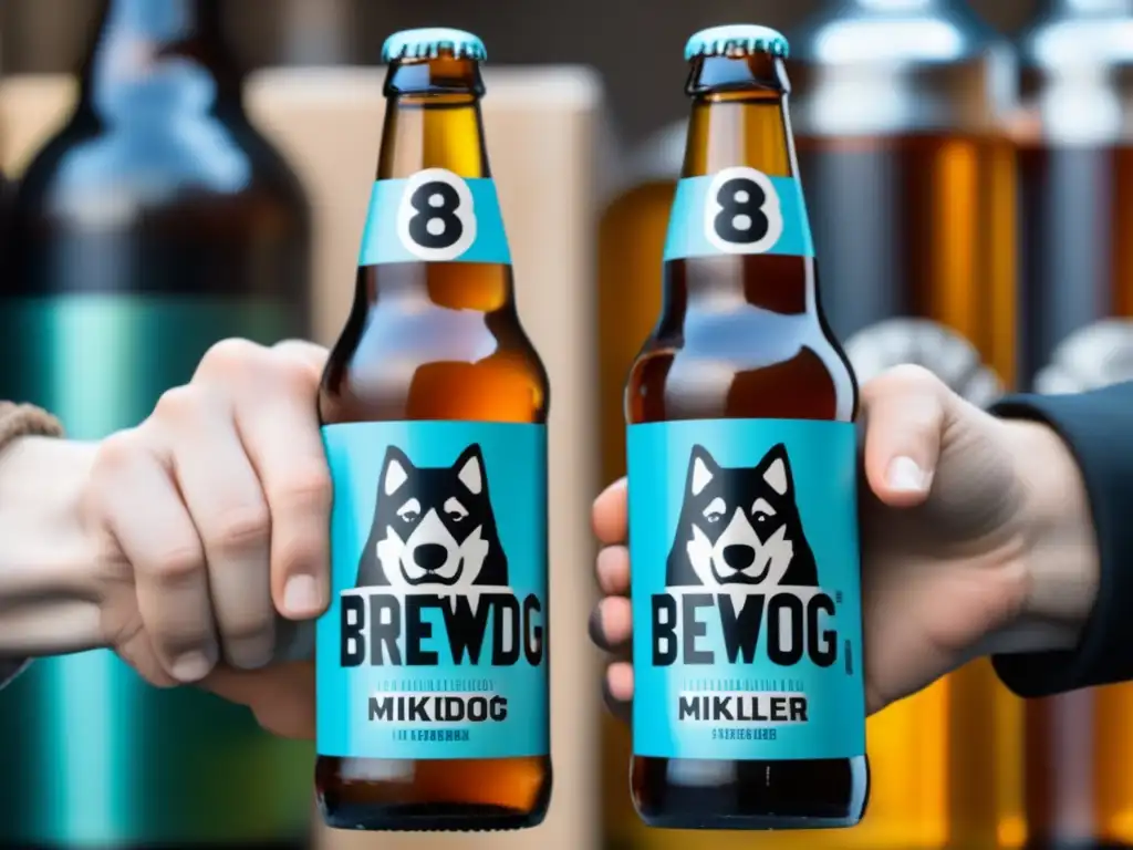 Colaboraciones internacionales: Detalle de manos sosteniendo botellas de cerveza de BrewDog y Mikkeller, simbolizando la colaboración entre ambos