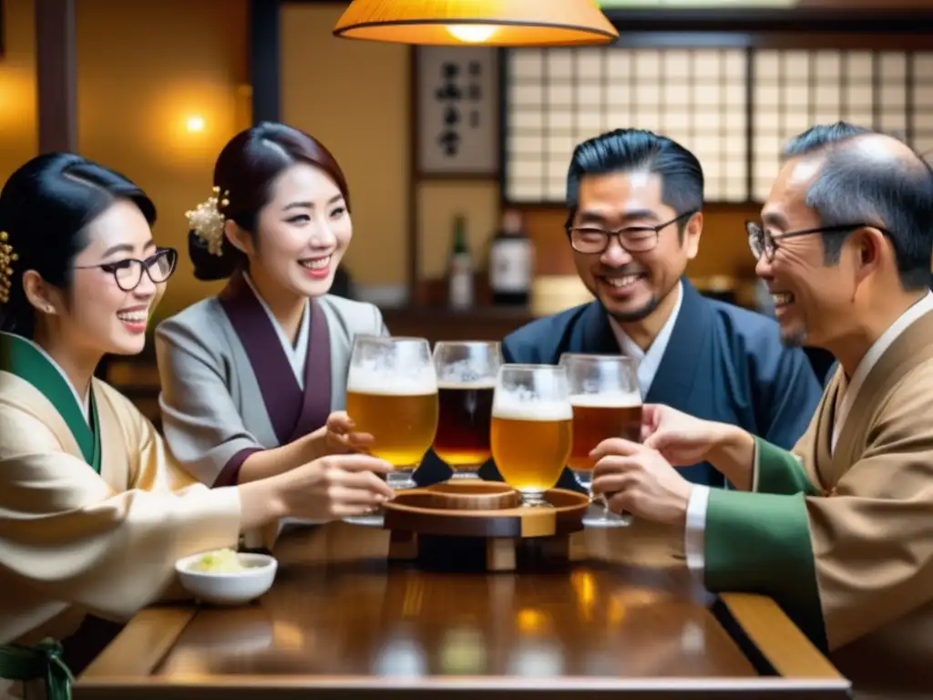 Asociación cervecera japonesa reunida en izakaya tradicional, detallada imagen 8k que muestra camaradería y importancia