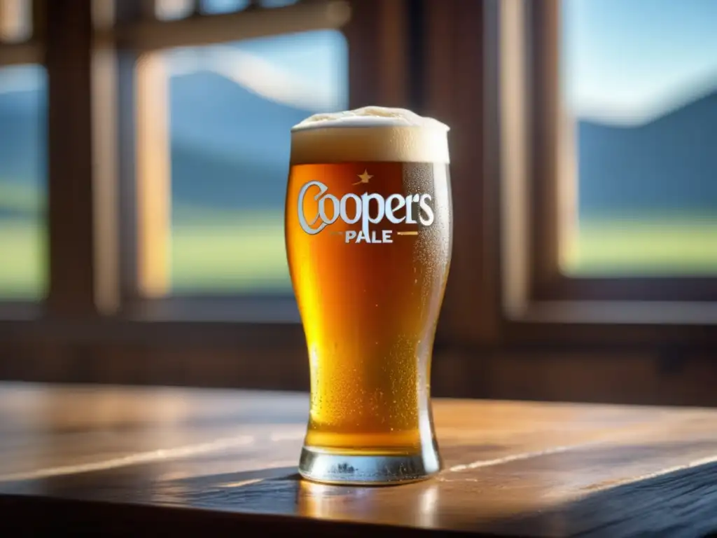 Detallada imagen de una copa de Coopers Pale Ale en mesa de madera, iluminada por suave luz natural