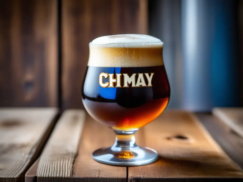 Una cerveza belga Chimay Blue en un vaso de vidrio sobre una mesa rústica, con una mano sosteniéndola y burbujas en los costados