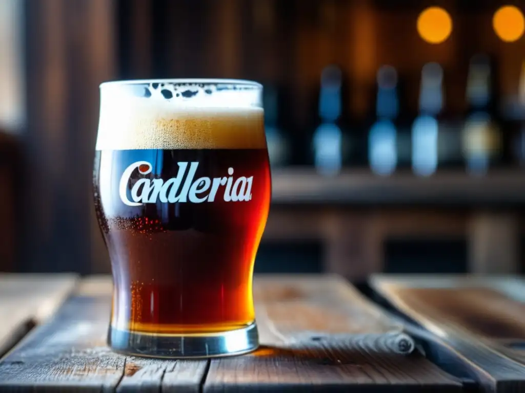 Una cerveza Candelaria Red Lager vertida perfectamente en una mesa de madera rústica