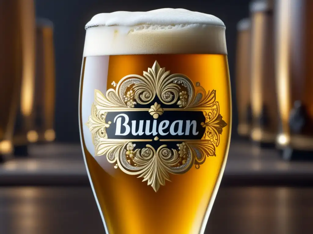 Cerveza belga dorada en vaso decorado con burbujas y patrones - Bares en Brugge