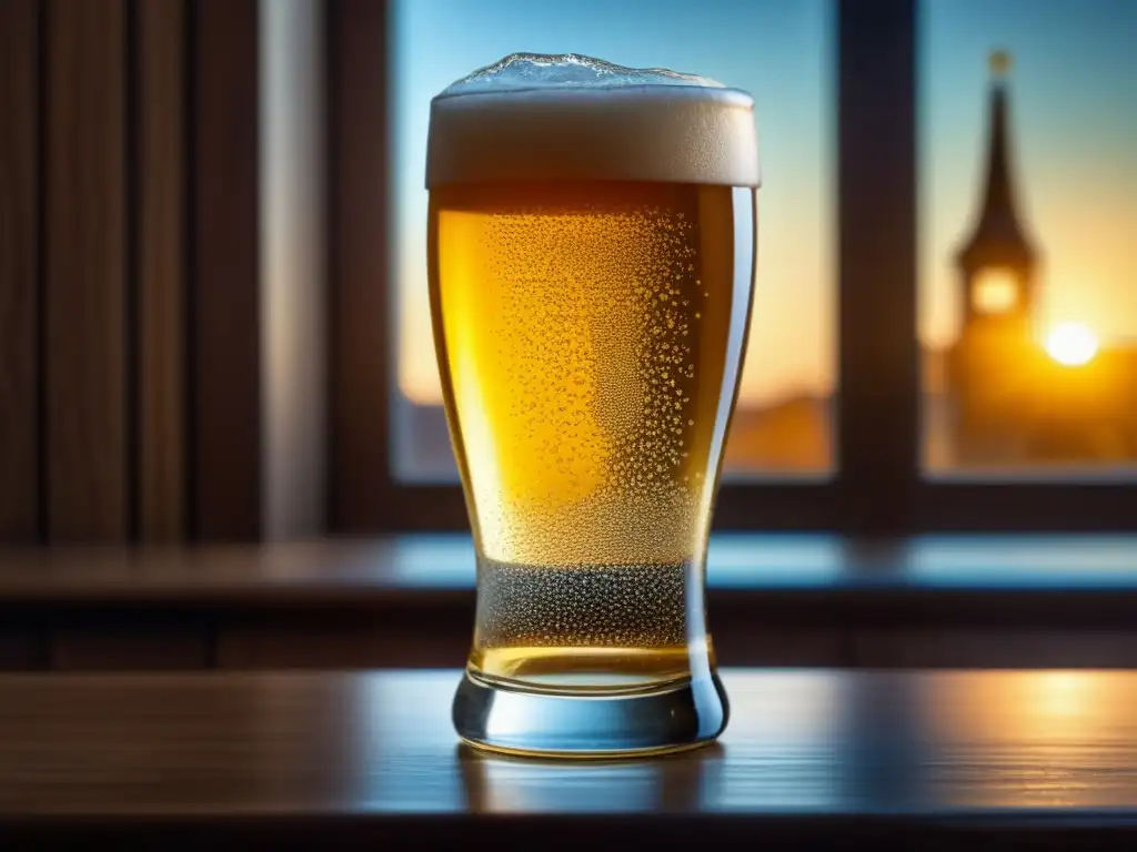 Vaso de cerveza de cristal con líquido dorado y burbujas, reflejando la luz y con grabados elegantes - El Secreto del Grial