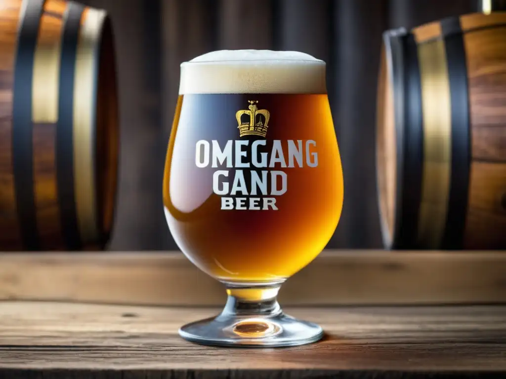 Cerveza Ommegang en edición limitada en vaso de vidrio, realza colores y texturas, burbujas y efervescencia