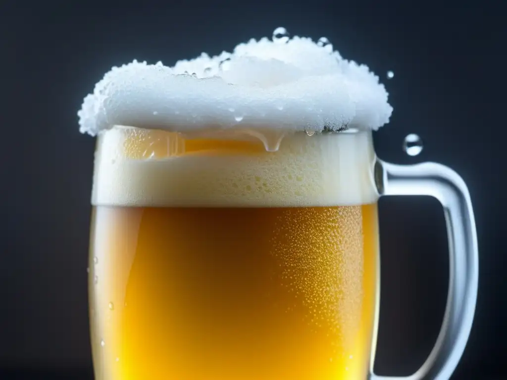 Cerveza dorada en vaso congelado, burbujas carbonatadas y espuma texturizada