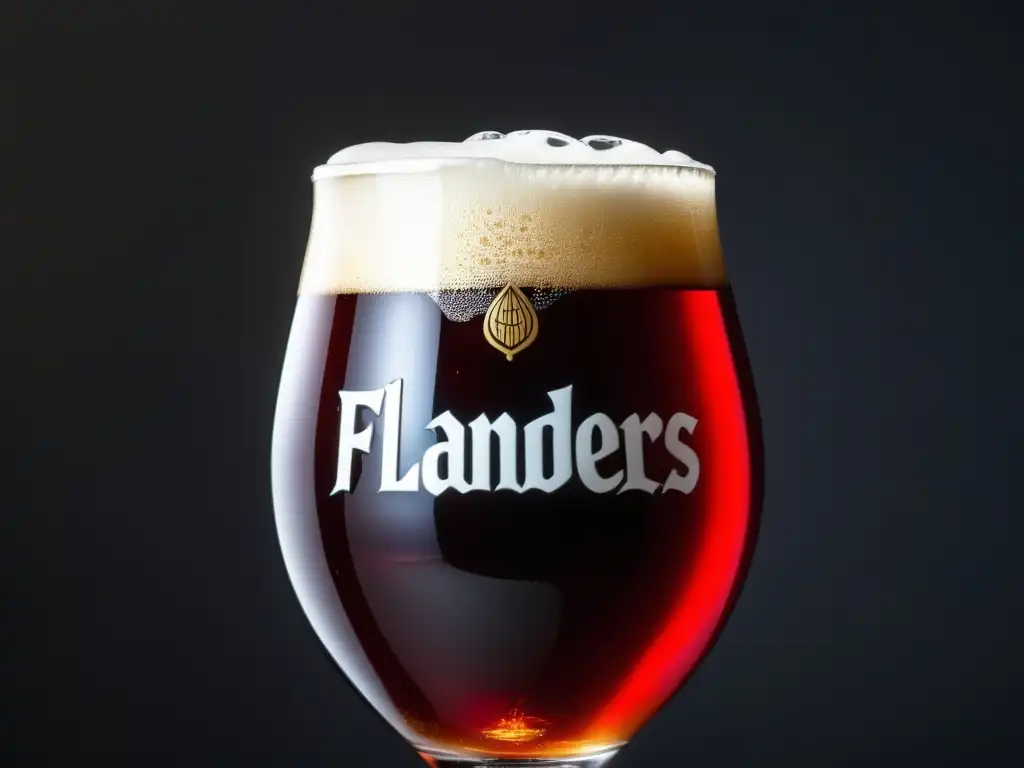 Cerveza Flanders Red Ale, intensamente roja y clara, con espuma blanca y burbujas, en vaso sobre fondo oscuro