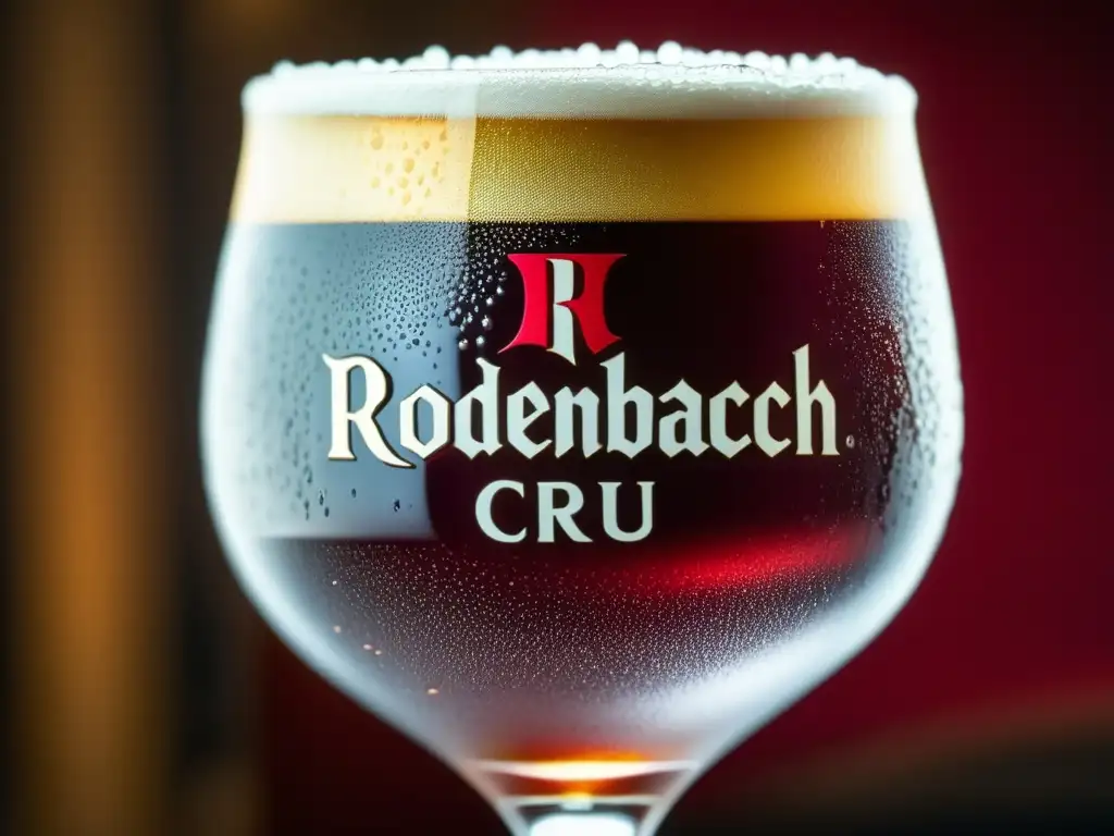 Copa de Rodenbach Grand Cru, cerveza Flanders Red Ale, con color rubí intenso y burbujas carbonatadas