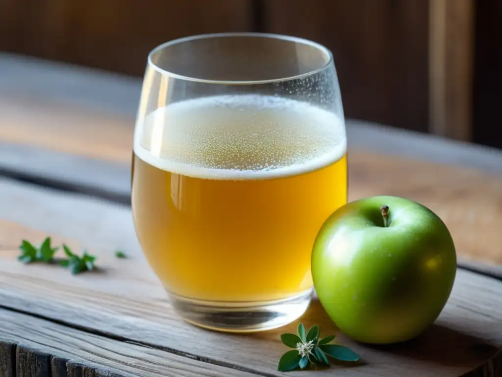 Copa de sidra asturiana dorada con burbujas, manzana verde fresca y tomillo en mesa rústica