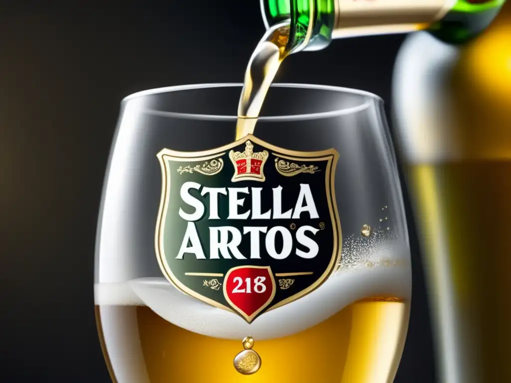 Una cerveza Stella Artois Pale Lager vertiéndose en un elegante vaso chalice, con burbujas y detalles refinados