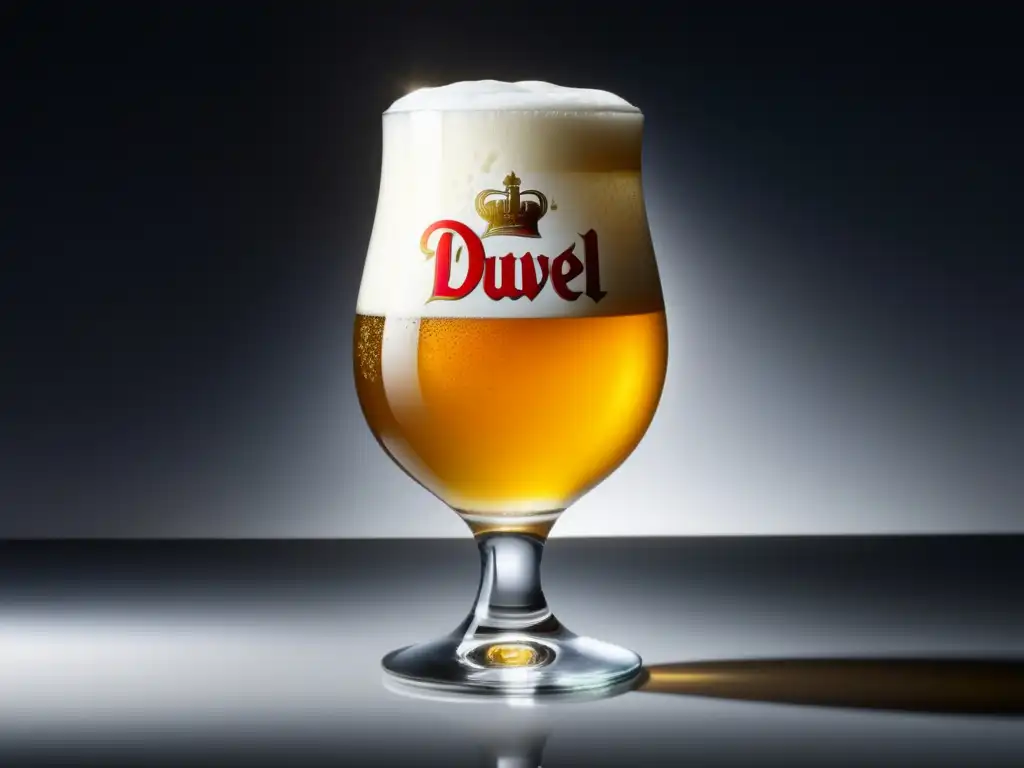 Vaso de cerveza Duvel belga, dorada y espumosa, con burbujas y logo grabado