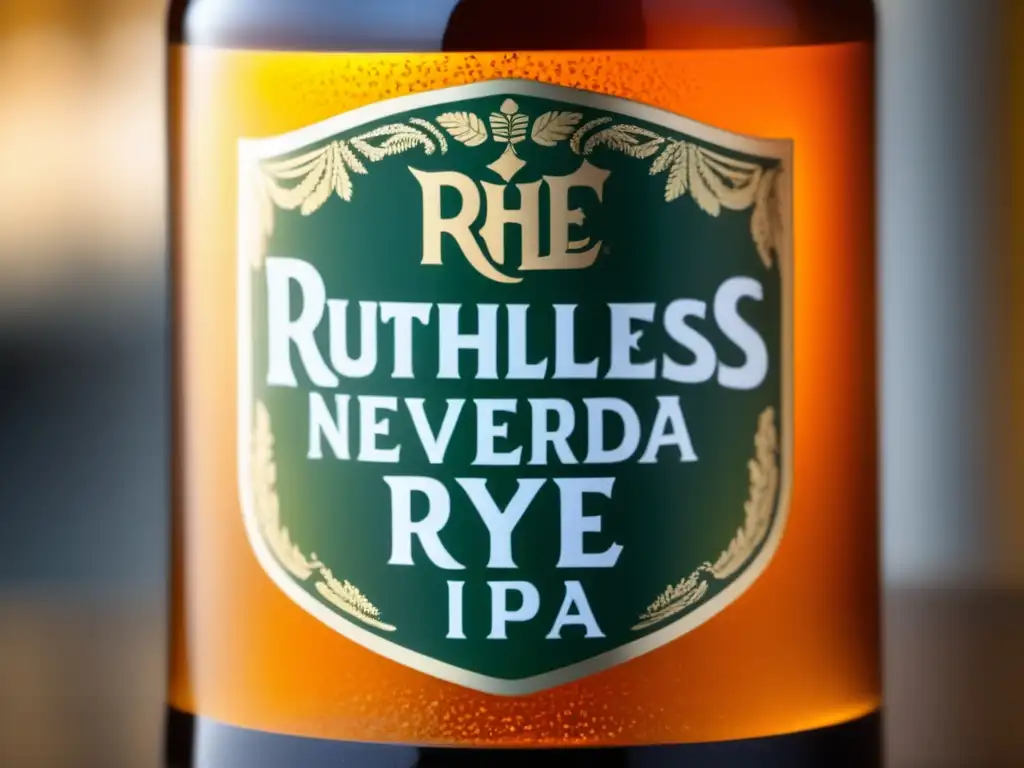 Un vaso frío de cerveza Ruthless Rye IPA de Sierra Nevada, con color ámbar, espuma densa y burbujas efervescentes