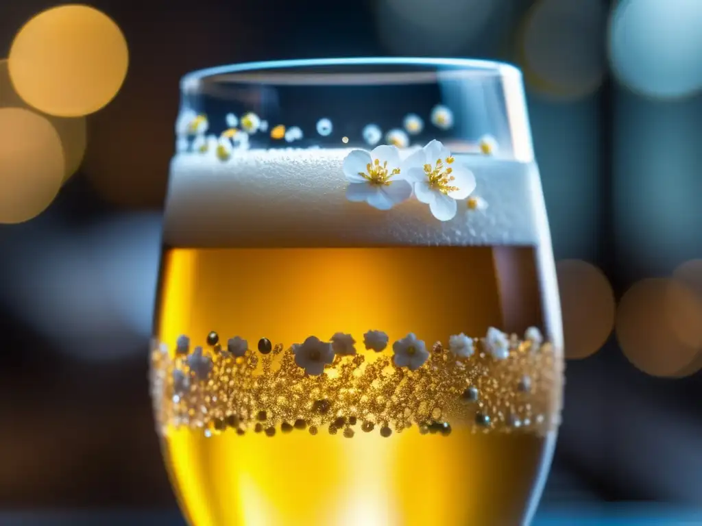 Vaso japonés con cerveza dorada y burbujas, adornado con flores de cerezo - Japón